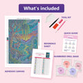 Thumbnail for What is included in the Enchanted Forest Twilight Scene diamond painting kit - adhesive canvas, reference sheet, tools and numbered drill bags