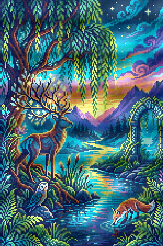 Enchanted Forest Twilight Scene, 40x60 cm diamond painting – full design preview without the close-up inset