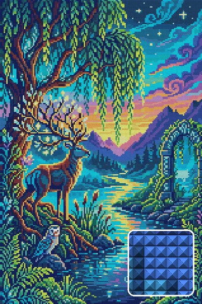 Enchanted Forest Twilight Scene, 40x60 cm diamond painting – finished design preview with a close-up of square drills
