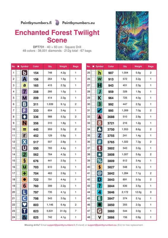 DMC color chart for Enchanted Forest Twilight Scene diamond painting - 48 colors