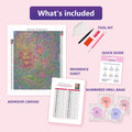 Thumbnail for What is included in the Enchanted Garden Pathway diamond painting kit - adhesive canvas, reference sheet, tools and numbered drill bags