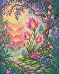 Miniatyrbild: Diamond painting-motiv med en stig med rosa och lila blommor under ett böjt träd