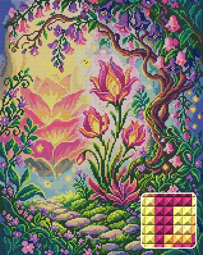 Enchanted Garden Pathway, 40x50 cm diamond painting – finished design preview with a close-up of square drills