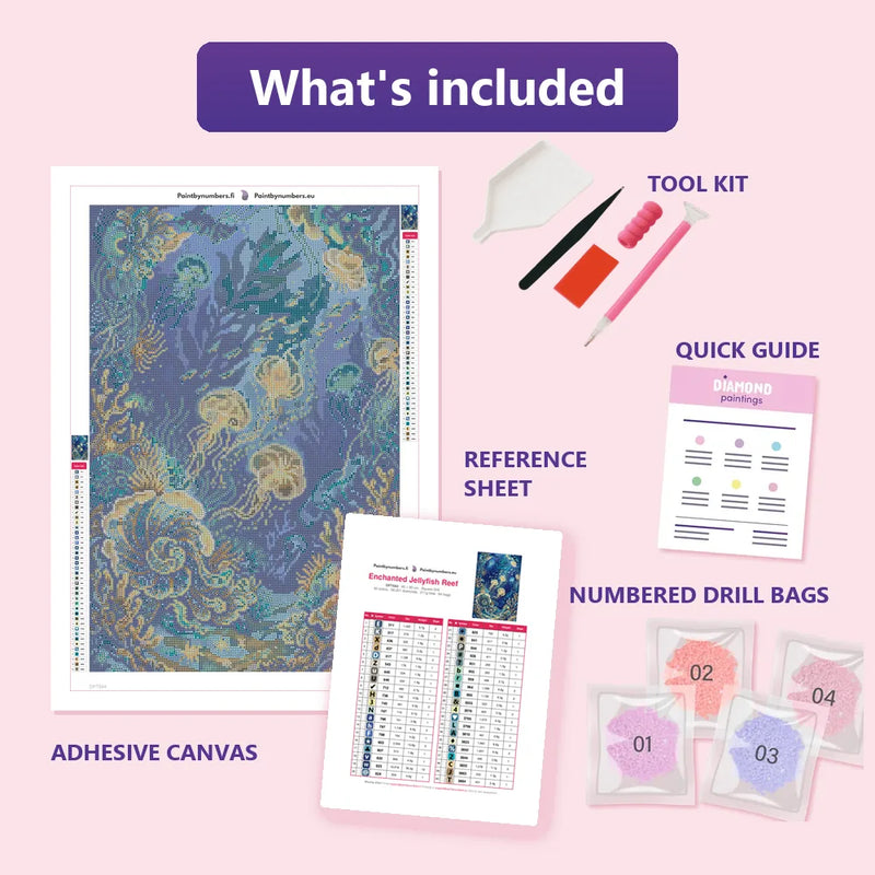 What is included in the Enchanted Jellyfish Reef diamond painting kit - adhesive canvas, reference sheet, tools and numbered drill bags