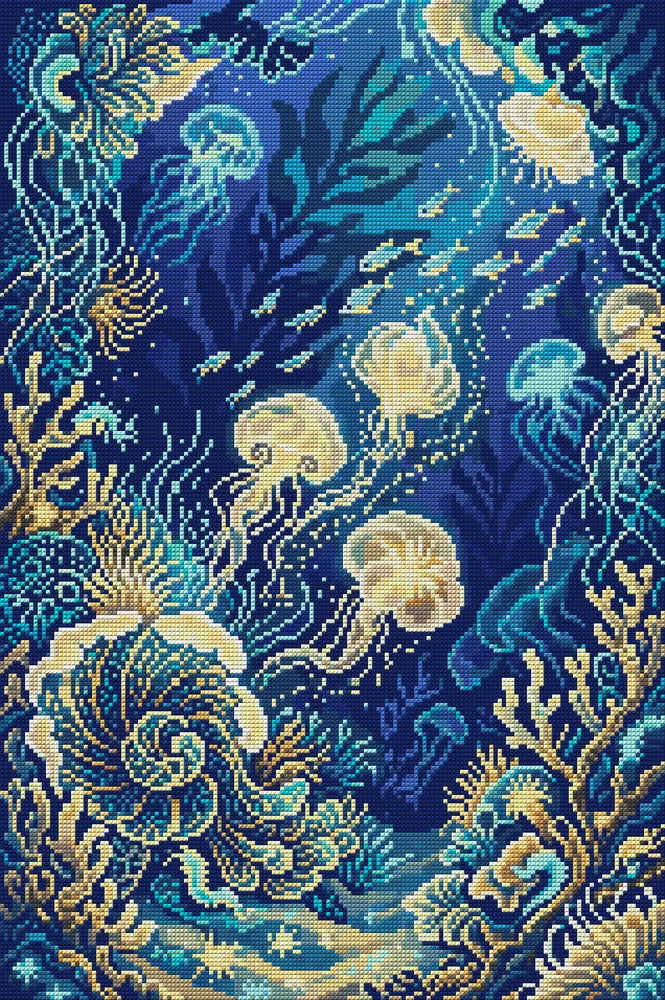 Enchanted Jellyfish Reef, 40x60 cm diamond painting – full design preview without the close-up inset