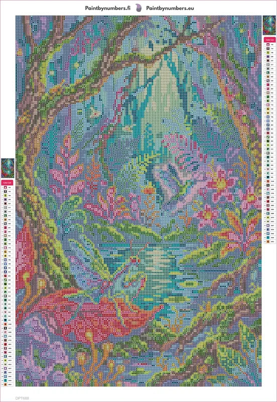 Diamond painting adhesive canvas preview - Enchanted Jungle Pond Scene