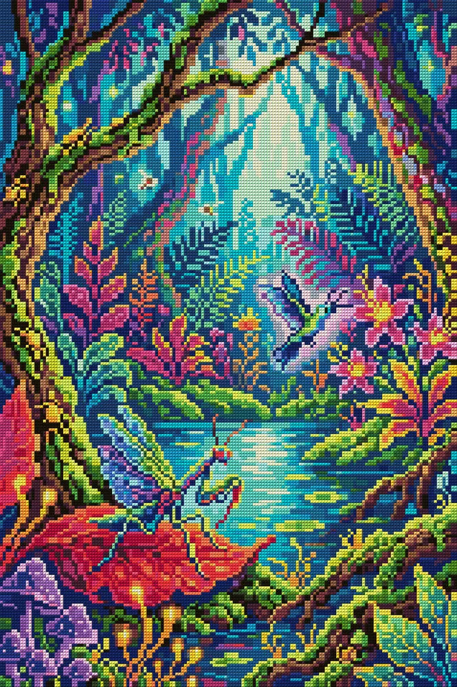 Enchanted Jungle Pond Scene, 40x60 cm diamond painting – full design preview without the close-up inset