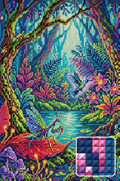 Enchanted Jungle Pond Scene, 40x60 cm diamond painting – finished design preview with a close-up of square drills