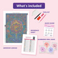 Thumbnail for What is included in the Enchanted Lotus Forest diamond painting kit - adhesive canvas, reference sheet, tools and numbered drill bags