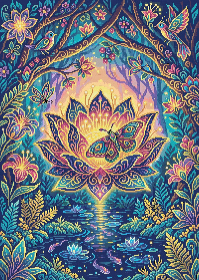 Förhandsvisning: en lysande lotusblomma med en fjäril, omgiven av fåglar och blommor