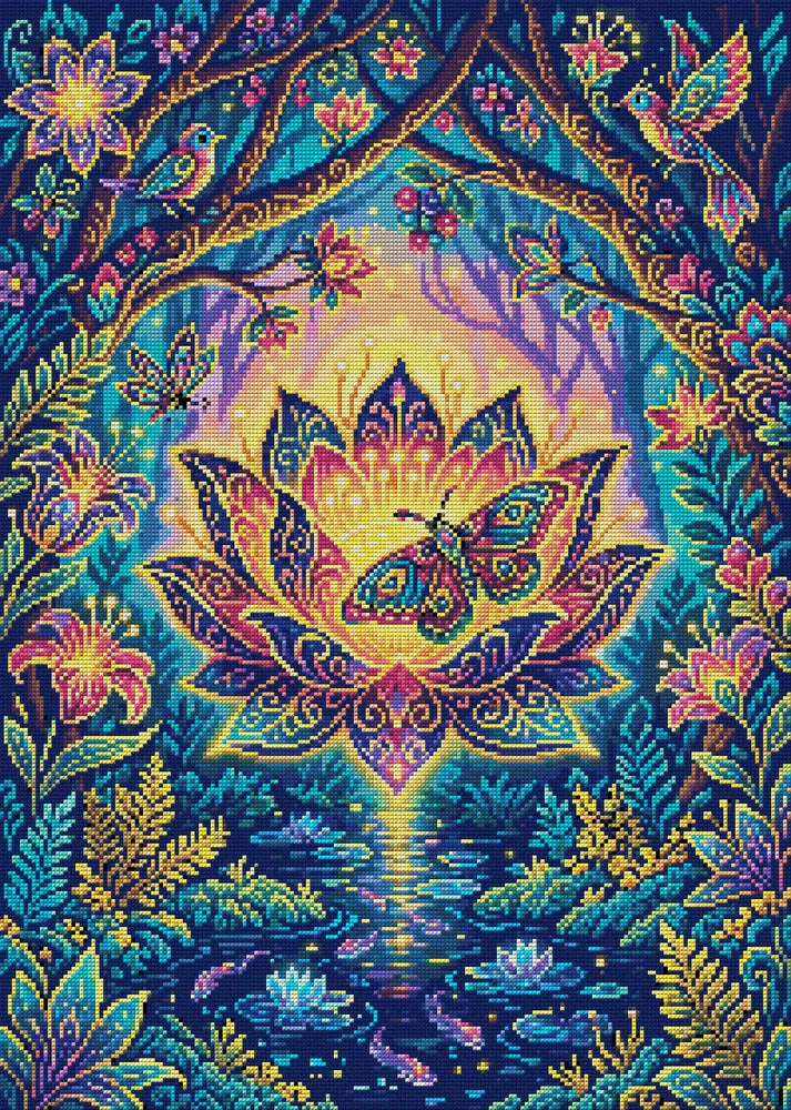 Enchanted Lotus Forest, 50x70 cm diamond painting – full design preview without the close-up inset