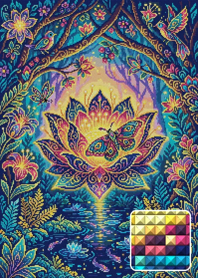 Enchanted Lotus Forest, 50x70 cm diamond painting – finished design preview with a close-up of square drills