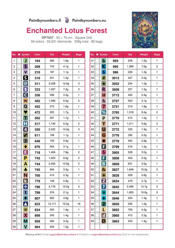 DMC color chart for Enchanted Lotus Forest diamond painting - 59 colors