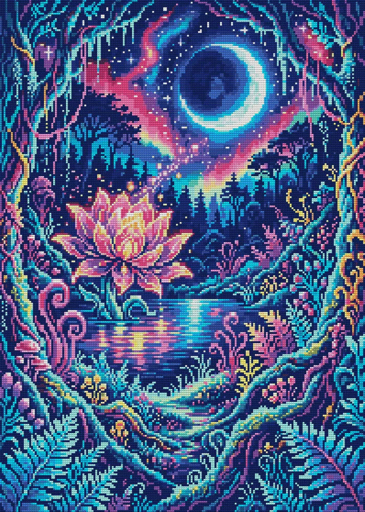 Enchanted Lotus Moonlit Forest, 50x70 cm diamond painting – full design preview without the close-up inset
