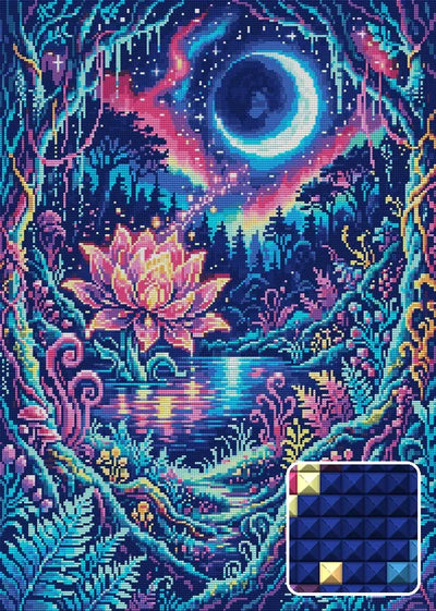 Enchanted Lotus Moonlit Forest, 50x70 cm diamond painting – finished design preview with a close-up of square drills