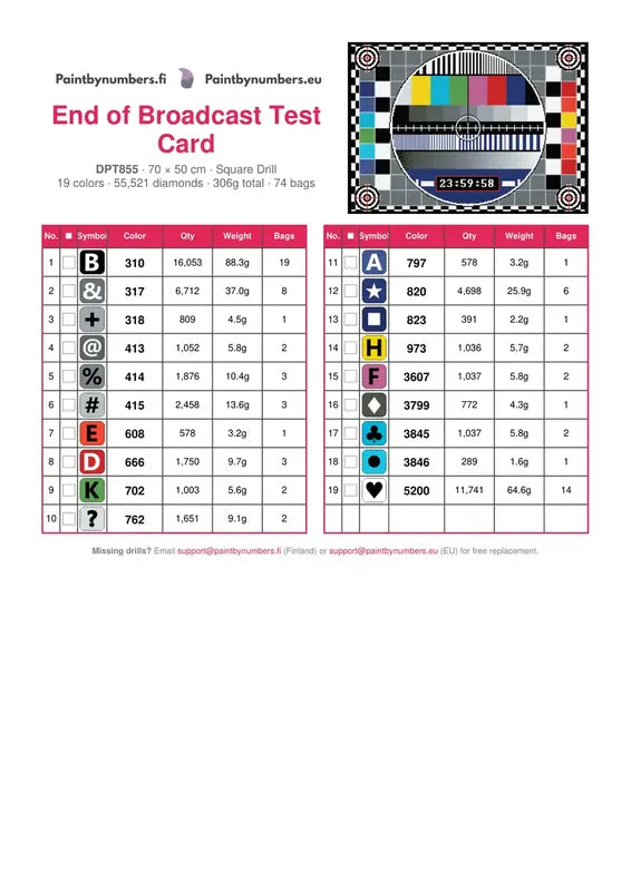 DMC color chart for End of Broadcast Test Card diamond painting - 19 colors