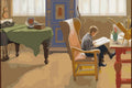 Miniatyrbild: Pojke läser i en karmstol i Carl Larssons ”Studiehörnet. Esbjörn”, ett måla efter nummer-motiv