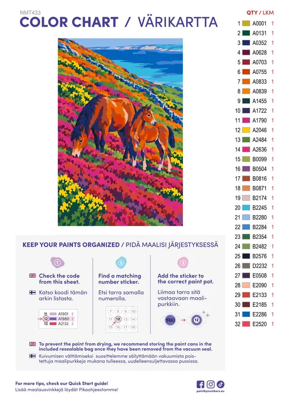 Paint color chart and instructions - Exmoor Ponies in August Heather 40x60cm
