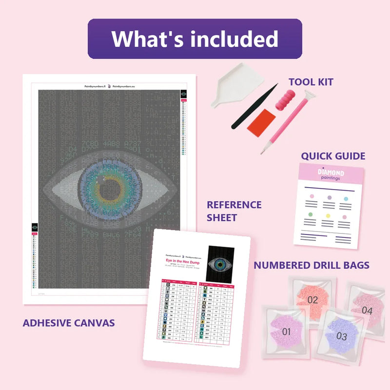 What is included in the Eye in the Hex Dump diamond painting kit - adhesive canvas, reference sheet, tools and numbered drill bags