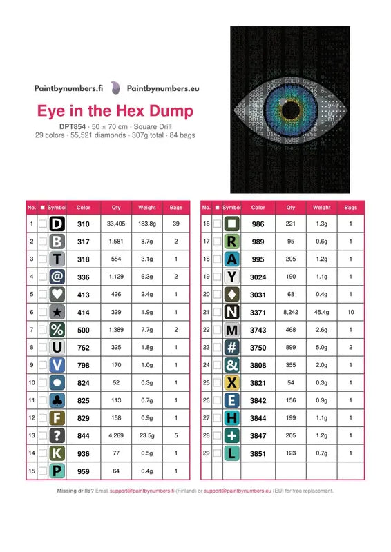 DMC color chart for Eye in the Hex Dump diamond painting - 29 colors