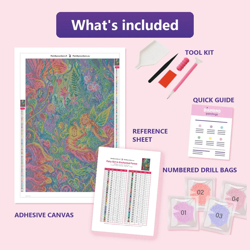 What is included in the Fairy Girl in Enchanted Forest diamond painting kit - adhesive canvas, reference sheet, tools and numbered drill bags