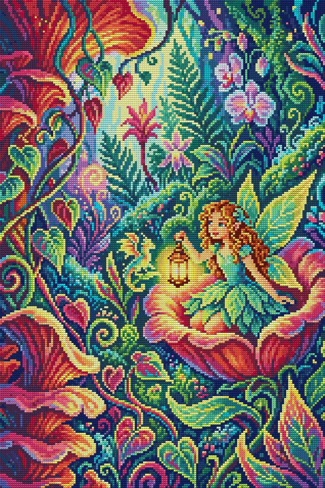 Fairy Girl in Enchanted Forest, 40x60 cm diamond painting – full design preview without the close-up inset