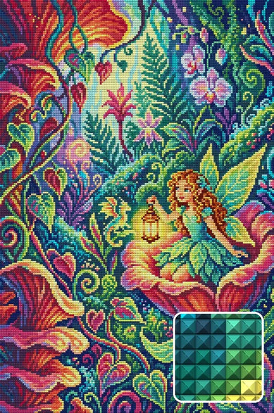 Fairy Girl in Enchanted Forest, 40x60 cm diamond painting – finished design preview with a close-up of square drills