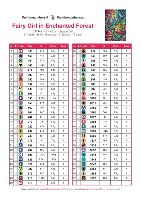 DMC color chart for Fairy Girl in Enchanted Forest diamond painting - 57 colors