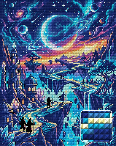 Fantasy Cosmic Landscape Adventure, 40x50 cm diamond painting – finished design preview with a close-up of square drills