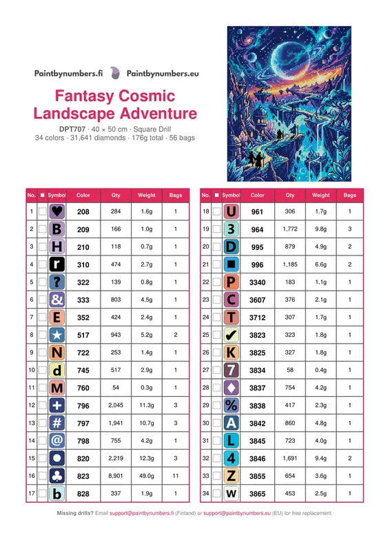 DMC color chart for Fantasy Cosmic Landscape Adventure diamond painting - 34 colors