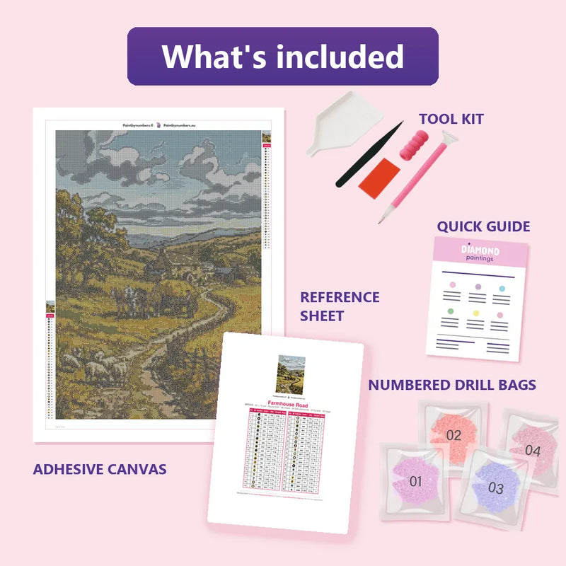 What is included in the Farmhouse Road diamond painting kit - adhesive canvas, reference sheet, tools and numbered drill bags