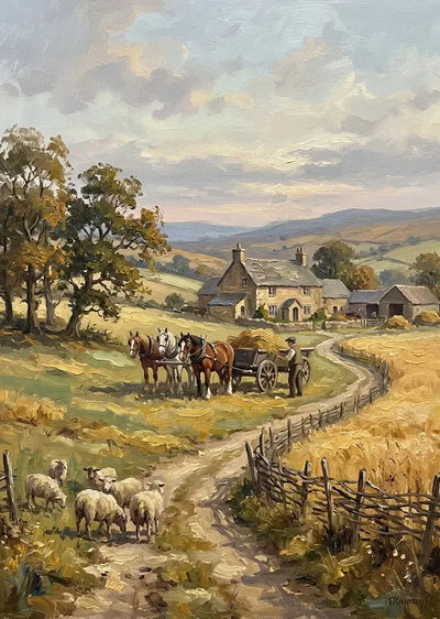Diamond Painting of a rural landscape with horses, cart, sheep, and an old farmhouse.