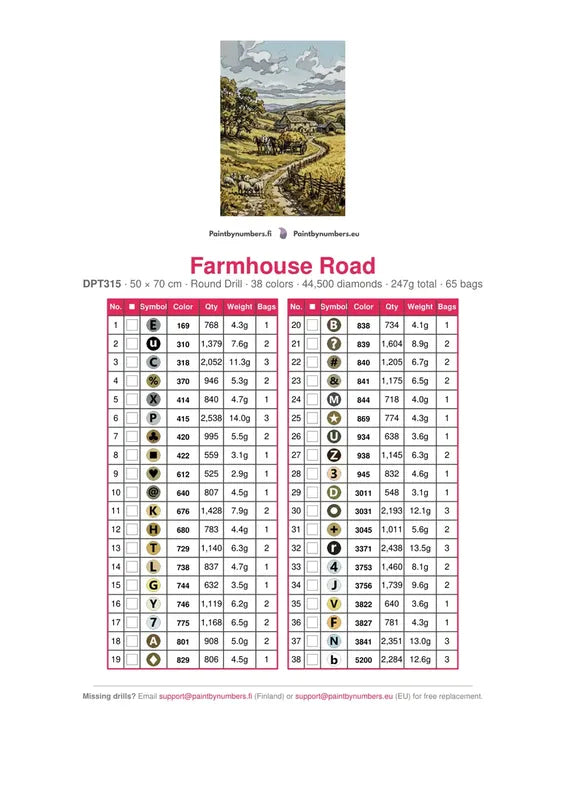 DMC color chart for Farmhouse Road diamond painting - 38 colors