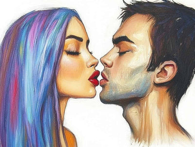 Fated Kiss diamond painting: romantic couple about to kiss, woman with rainbow-coloured hair