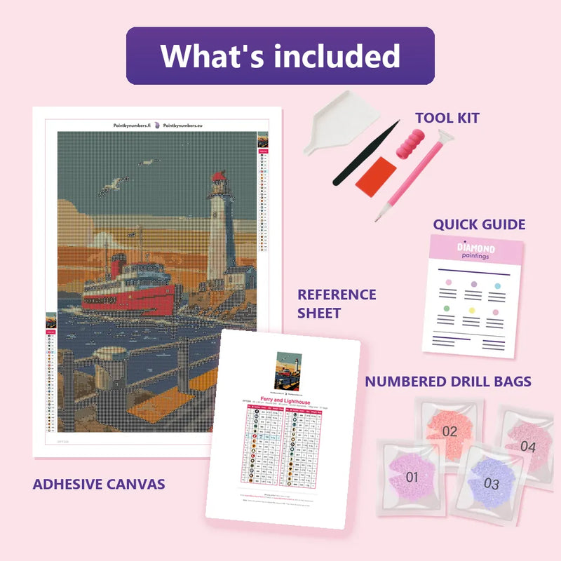 What is included in the Ferry and Lighthouse diamond painting kit - adhesive canvas, reference sheet, tools and numbered drill bags