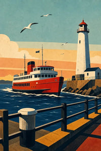 Thumbnail for Diamond Painting of a red ship, lighthouse, and harbor scene.