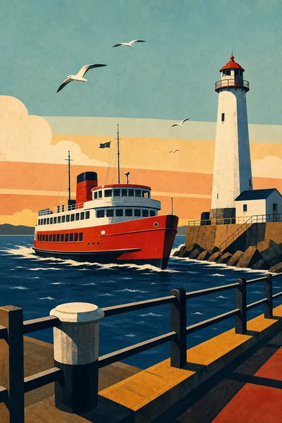 Diamond Painting of a red ship, lighthouse, and harbor scene.