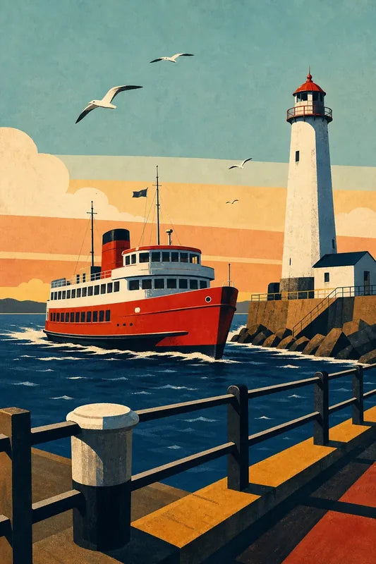 Diamond Painting of a red ship, lighthouse, and harbor scene.