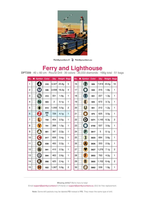 DMC color chart for Ferry and Lighthouse diamond painting - 30 colors