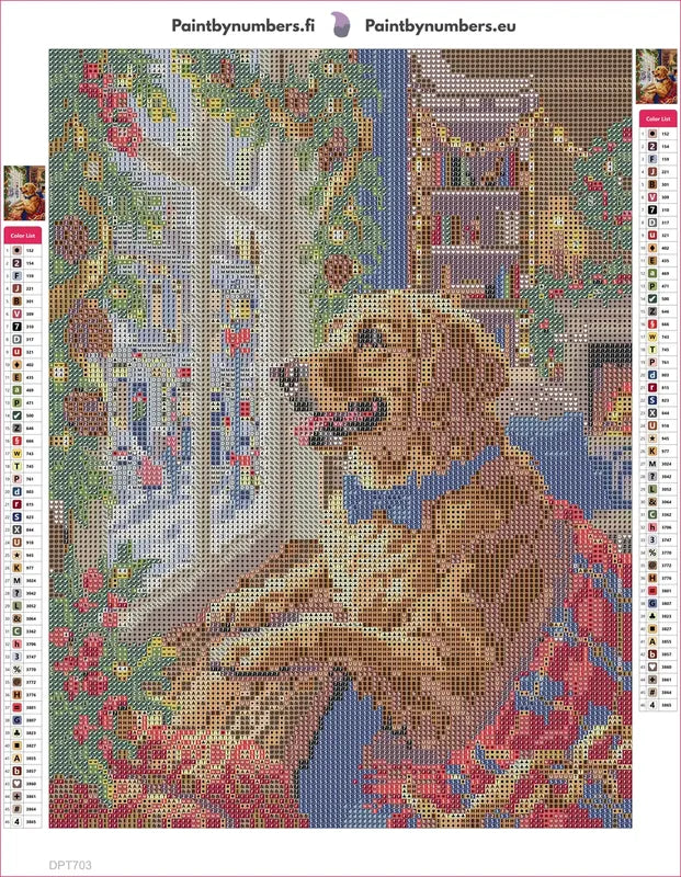 Diamond painting adhesive canvas preview - Festive Dog at Christmas Window
