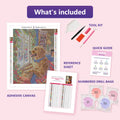 Thumbnail for What is included in the Festive Dog at Christmas Window diamond painting kit - adhesive canvas, reference sheet, tools and numbered drill bags