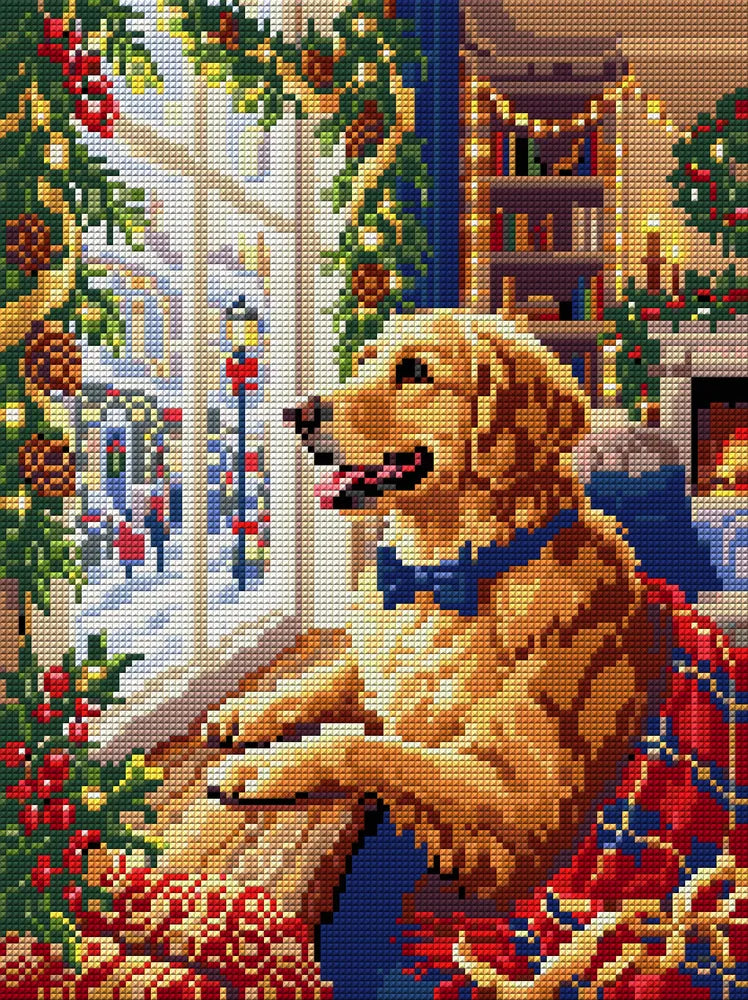 Festive Dog at Christmas Window, 30x40 cm diamond painting – full design preview without the close-up inset