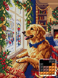 Thumbnail for Festive Dog at Christmas Window, 30x40 cm diamond painting – finished design preview with a close-up of square drills