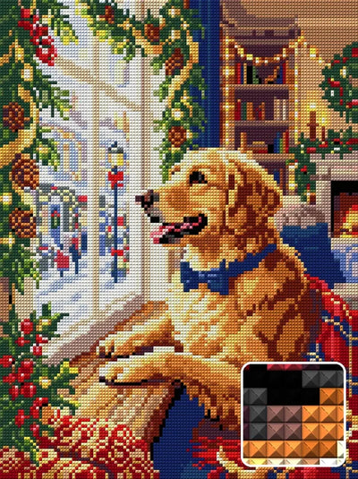 Festive Dog at Christmas Window, 30x40 cm diamond painting – finished design preview with a close-up of square drills