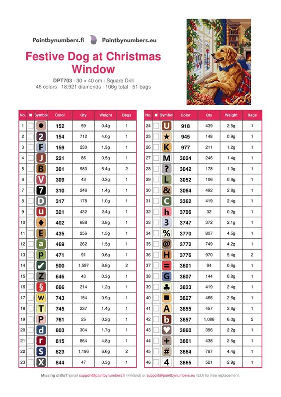 DMC color chart for Festive Dog at Christmas Window diamond painting - 46 colors