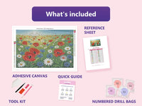 Thumbnail for Field of Poppies 60x40cm diamond painting kit contents: adhesive canvas, color chart, tools and diamond bags
