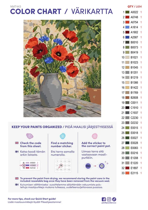 Paint color chart and instructions - Field Poppies in a Stoneware Jug 40x50cm