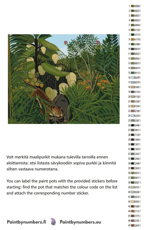 Paint color chart and instructions - Fight Between a Tiger and a Buffalo 50x40cm