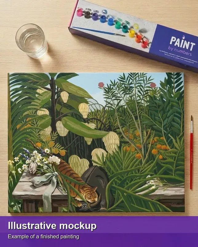 Finished paint by numbers mockup - Fight Between a Tiger and a Buffalo 50x40cm