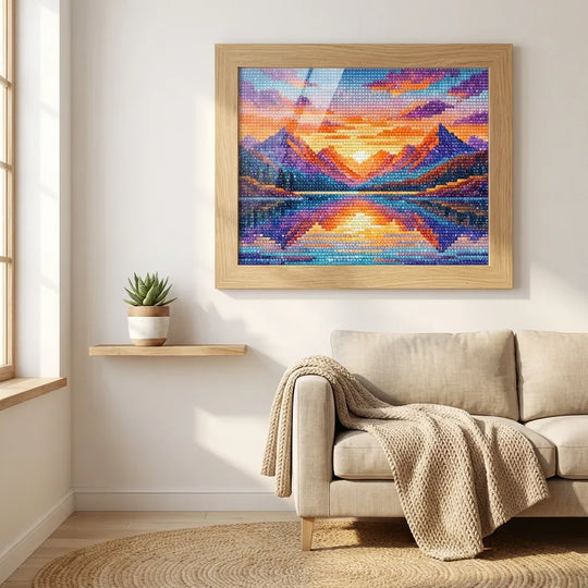 A finished diamond painting, framed on a living room wall